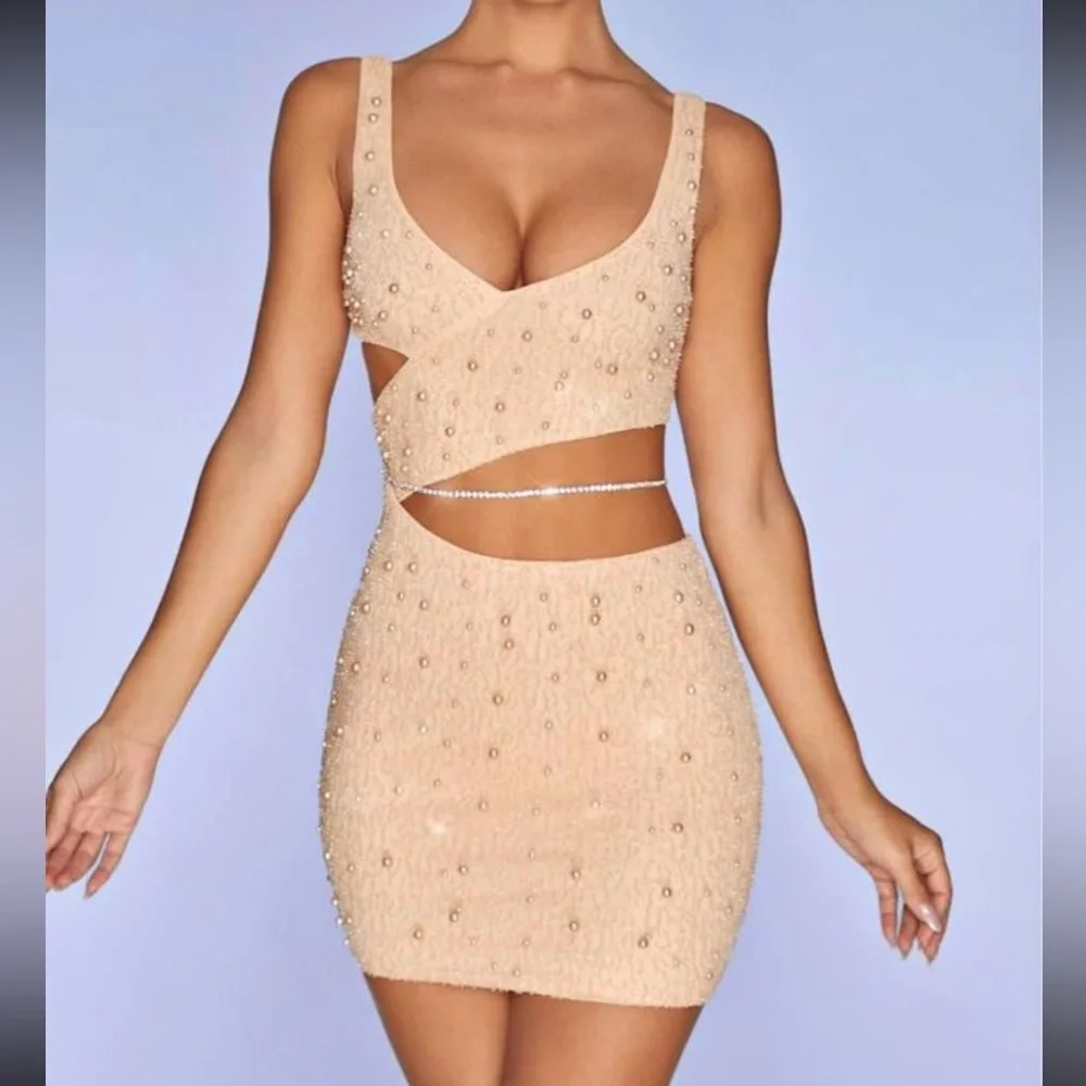 Oh Polly “Epernay” Embellished Cut Out Mini Dress in Sand - Picture 1 of 7